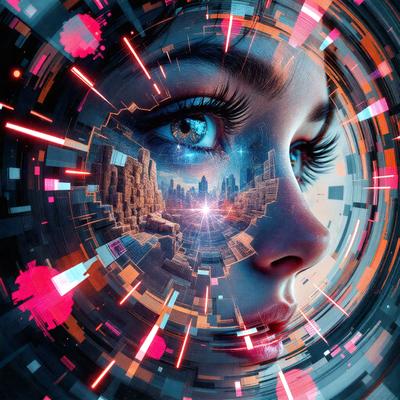 The primary subject of the image is a woman's face, with her eyes and eyebrows prominently featured. The setting is a futuristic cityscape, with a backdrop of buildings and a skyline. The visual style is a combination of digital art and illustration, creating a unique and captivating image. The colors are predominantly blue and pink, giving the image a vibrant and lively atmosphere.